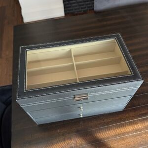 Classic Black Faux Leather Jewelry Organizer with Glass Display Lid